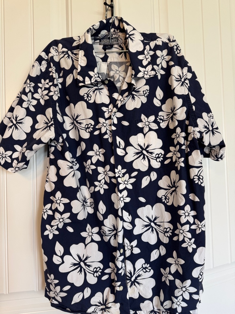 Lands' End Navy and White Hibiscus Camp Shirt